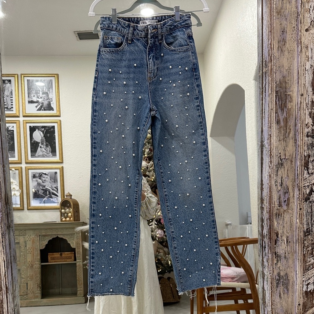 Zara Denim Straight Leg Jeans with Pearl Accents
